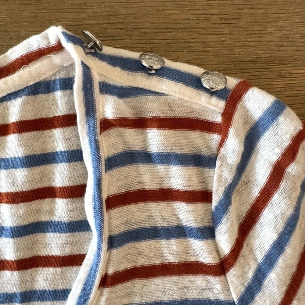 Veronica Beard Benji Striped 100% Linen Short Sleeve T-Shirt-Rust & Blue-Sz M - Picture 5 of 13